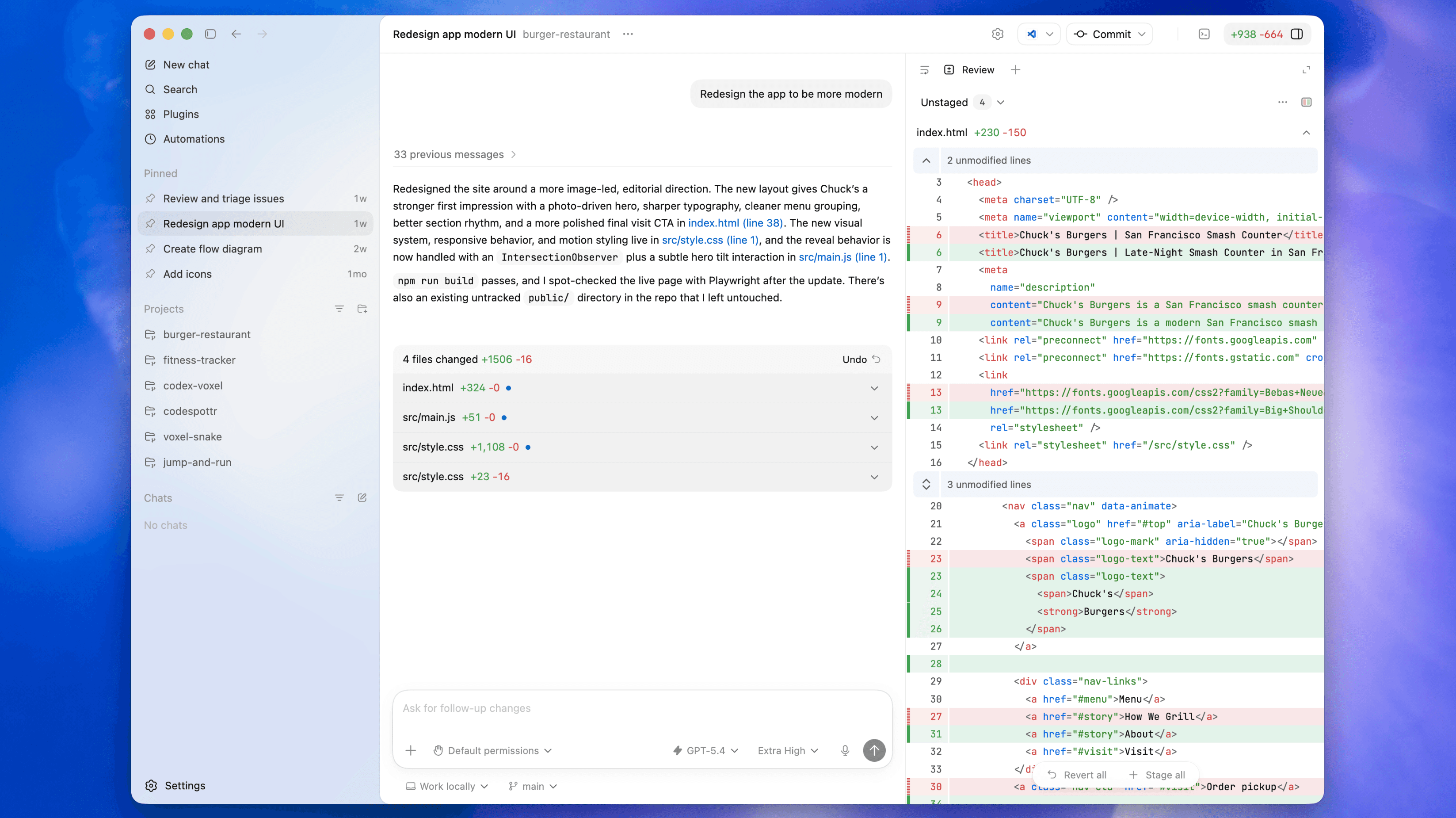 OpenAI Codex App showing a project thread, edited files, code changes, and a diff review panel.