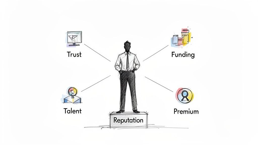 A conceptual drawing illustrating how reputation supports business pillars like trust, funding, talent, and premium.