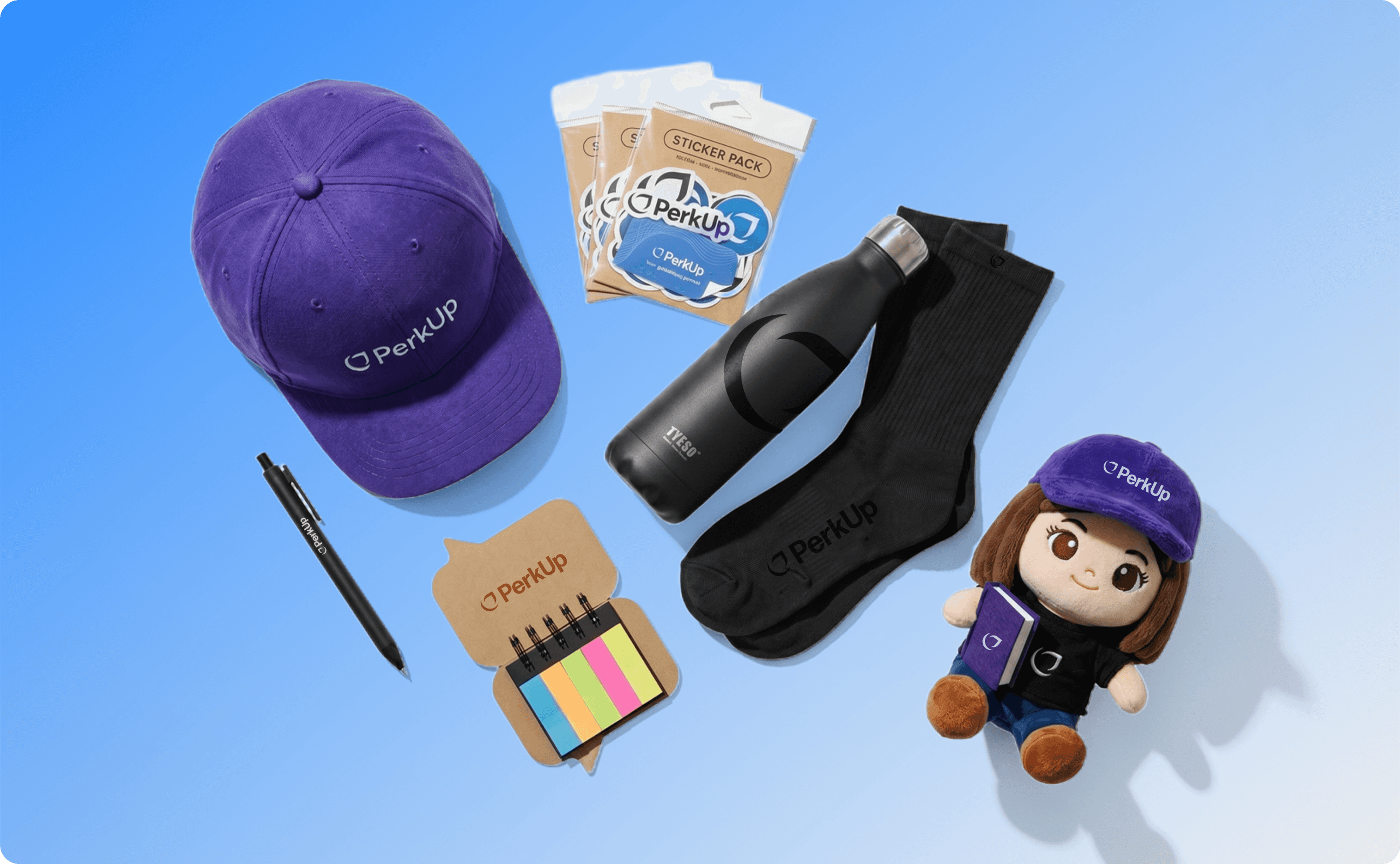 Various swag items including a cap, a sticker pack, a tumbler, a pair of socks, a pen, sticky notes, and a plushie.