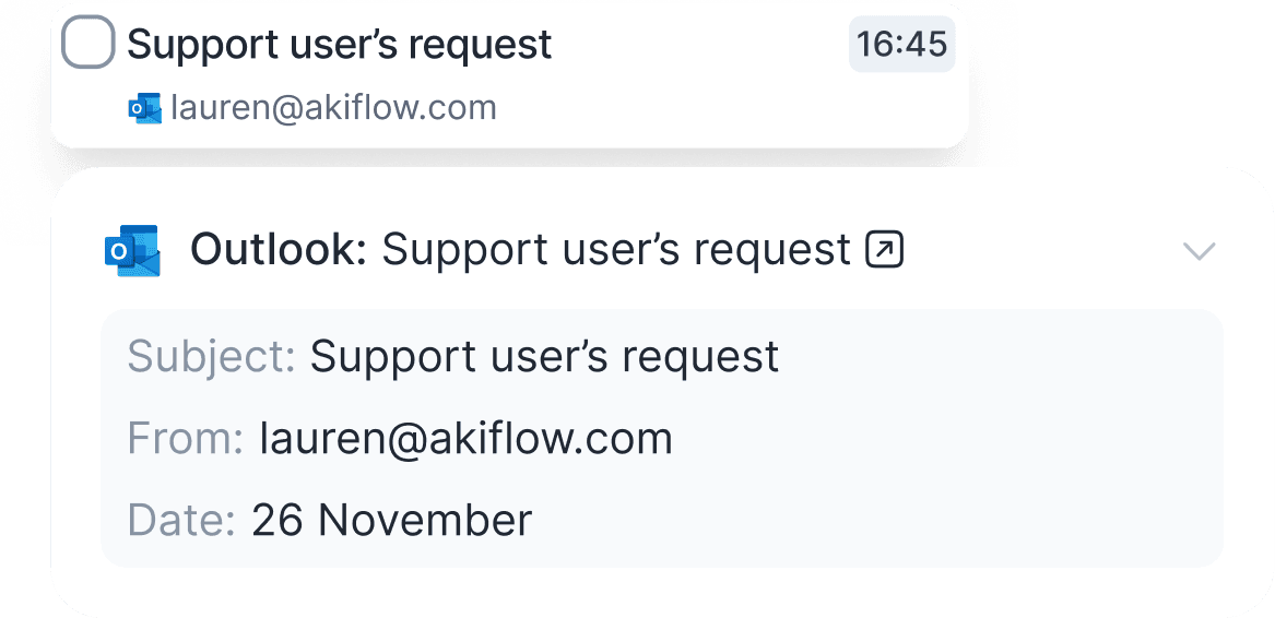 All fields are imported in Akiflow to display Outlook's emails as tasks