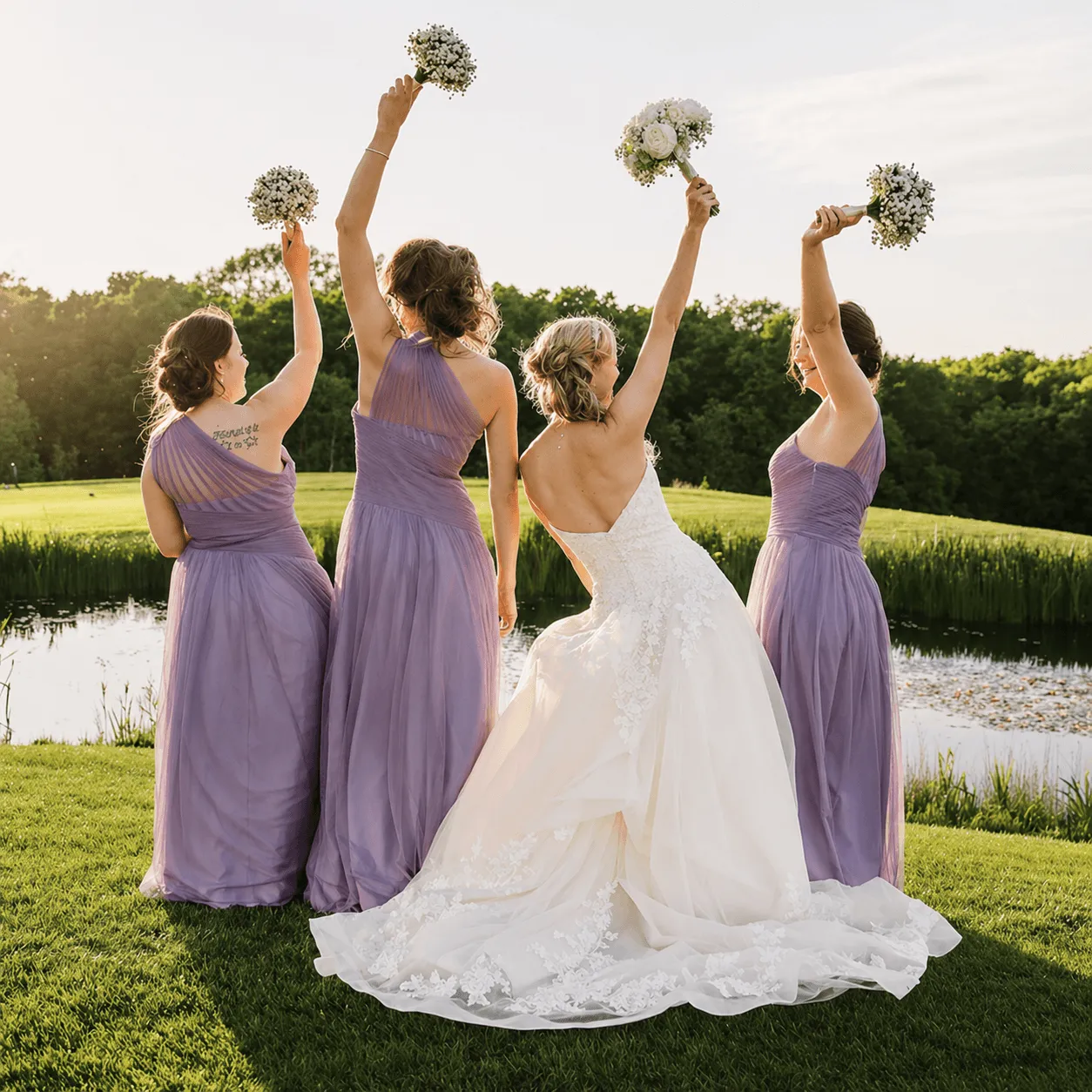 A smiling bride and groom stand holding hands on a green lawn with trees and tall grass in the background at