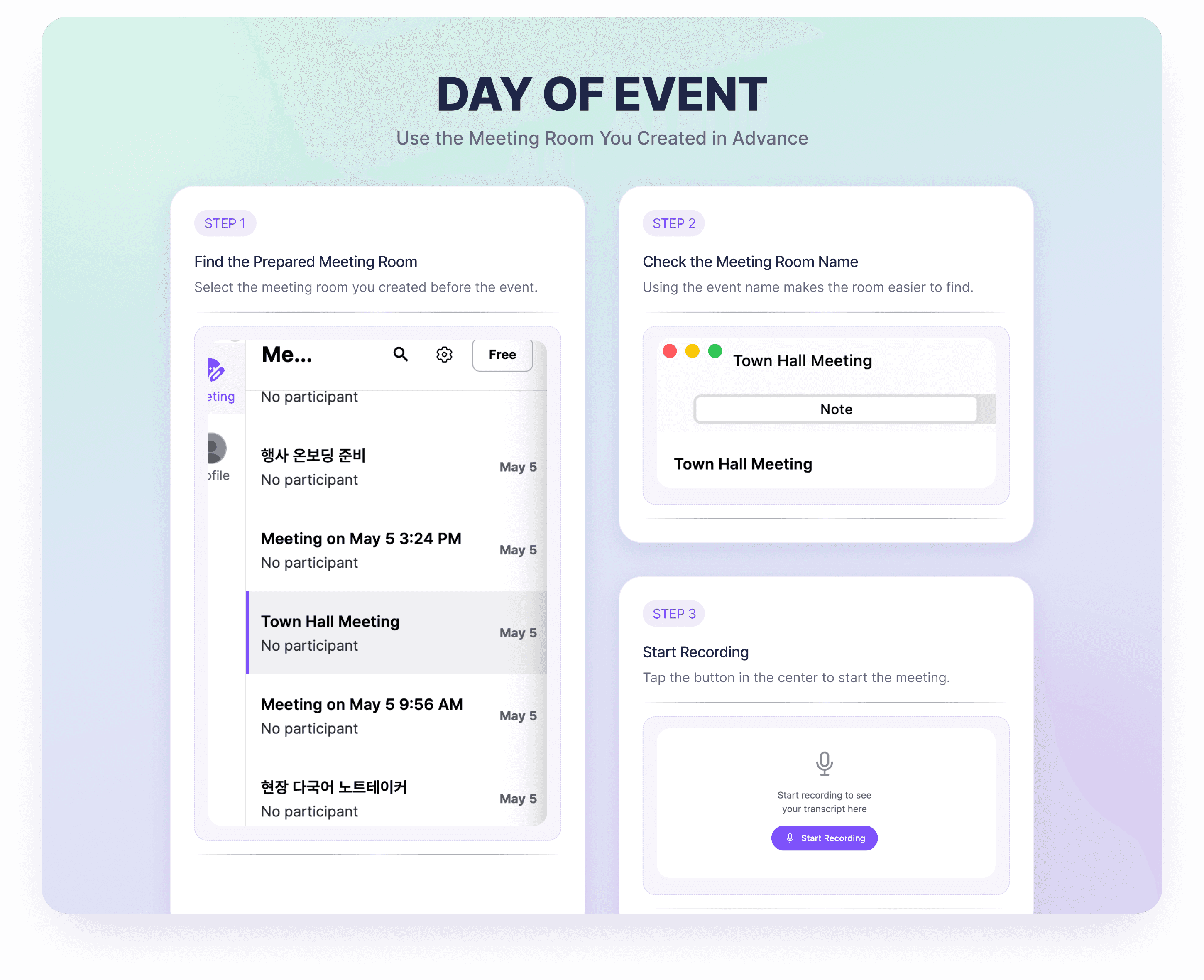 IMAGE 4 — Day of Event: 3-step infographic showing (1) Find the Prepared Meeting Room, (2) Check the Meeting Room Name, (3) Start Recording