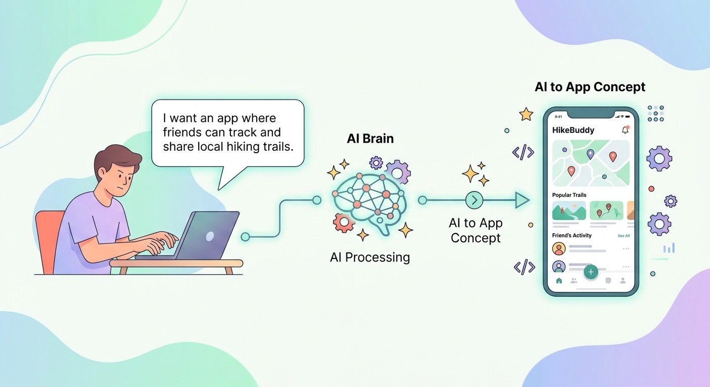 Illustration of typing a plain English sentence that turns into a finished app