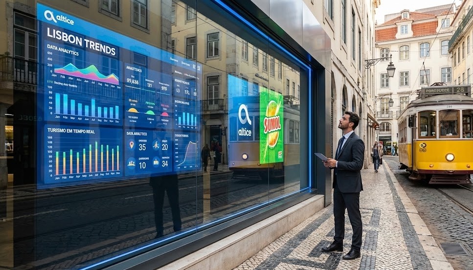 Um homem de negócios com um tablet observa grandes ecrãs digitais numa vitrine que exibem dados e anúncios da "Altice" e "Sumol". O vidro da vitrine reflete um elétrico amarelo e a rua de calçada portuguesa numa rua histórica de Lisboa.