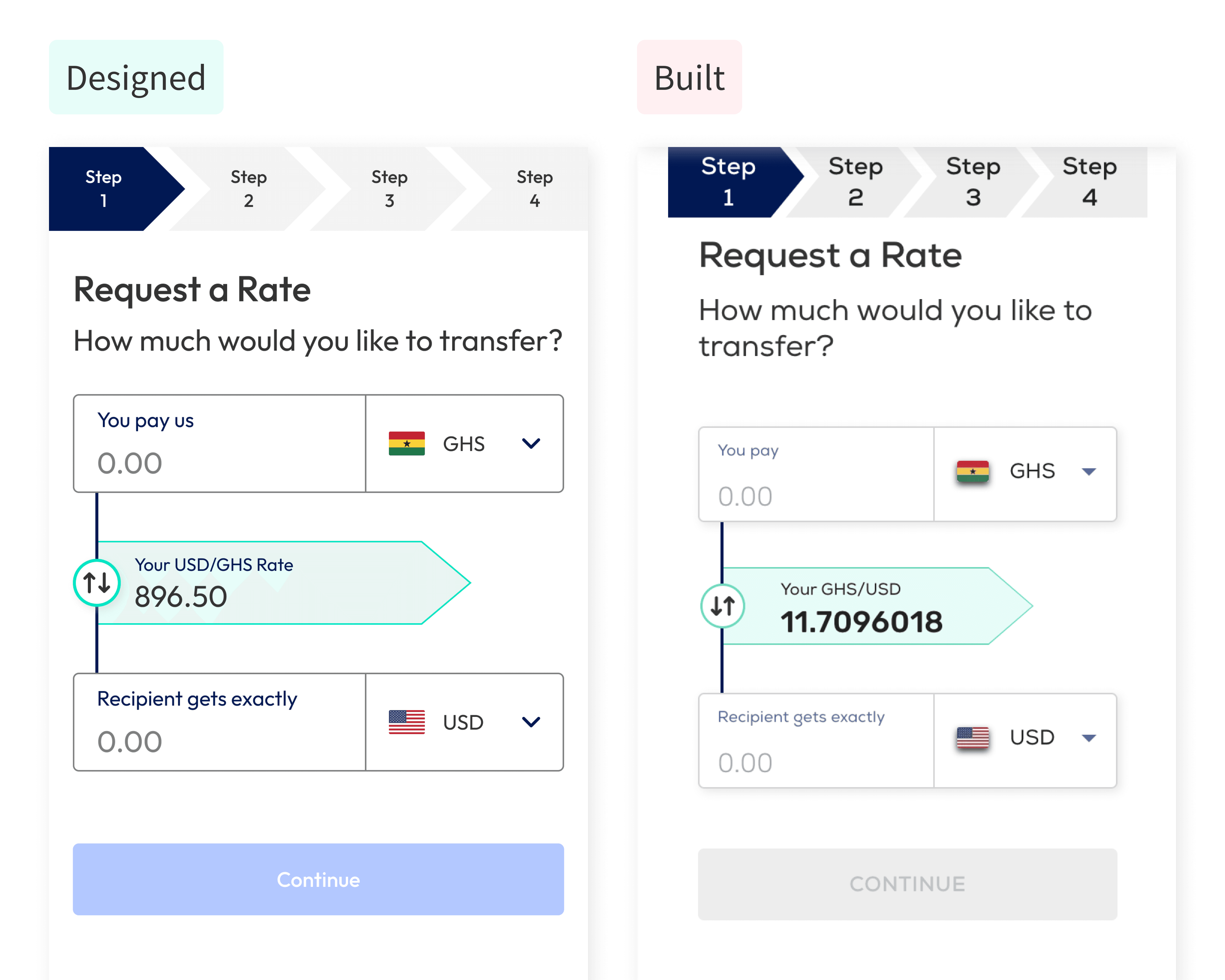 Two screenshots, one the left, what was designed. On the right, what was built.
