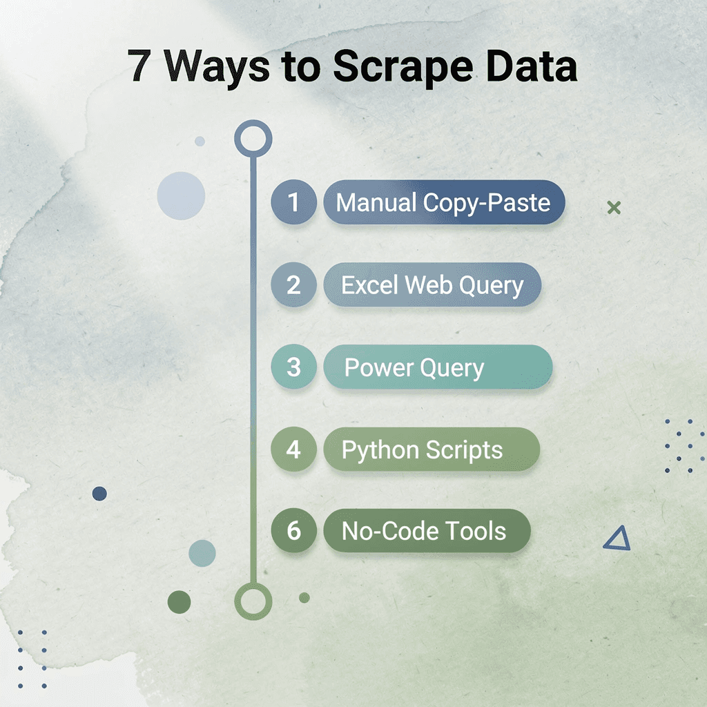 Numbered steps infographic listing 7 methods to scrape website data into Excel