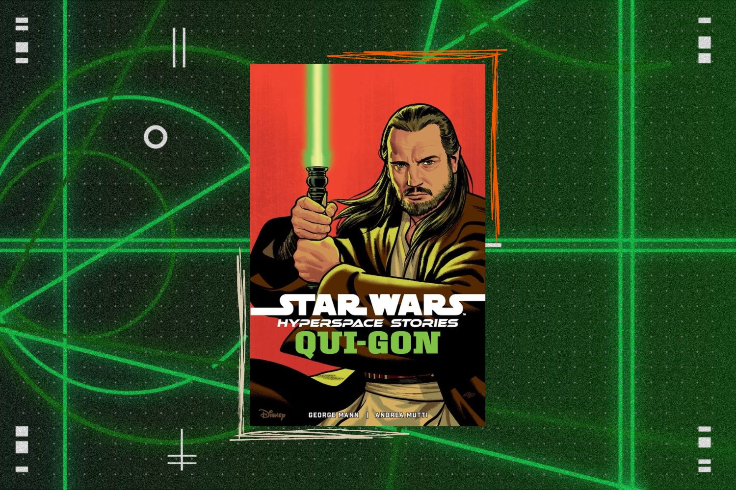 The cover of Star Wars: Hyperspace Storeies: Qui-Gon featuring Jedi Master Qui-Gon Jinn in his trademark brown robes wielding an ignited green lightsaber.