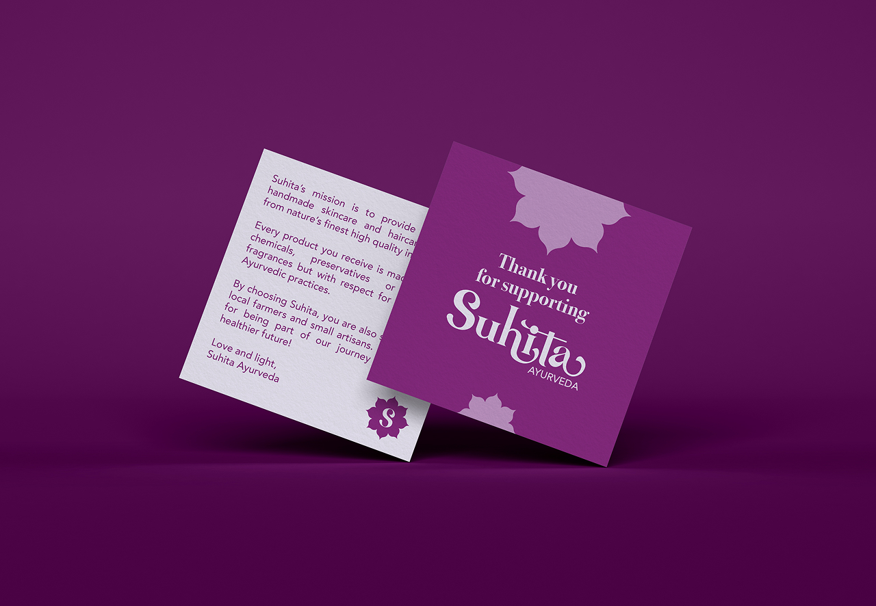 Thank you card design for Suhita Ayurveda featuring brand messaging and premium Ayurvedic visual identity