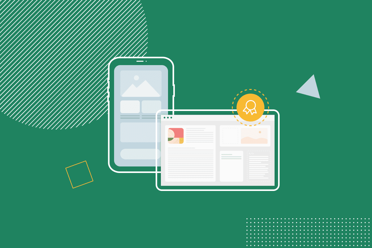 An illustration of a desktop browser window and a mobile screen surrounded by geometric shapes and decorative patterns