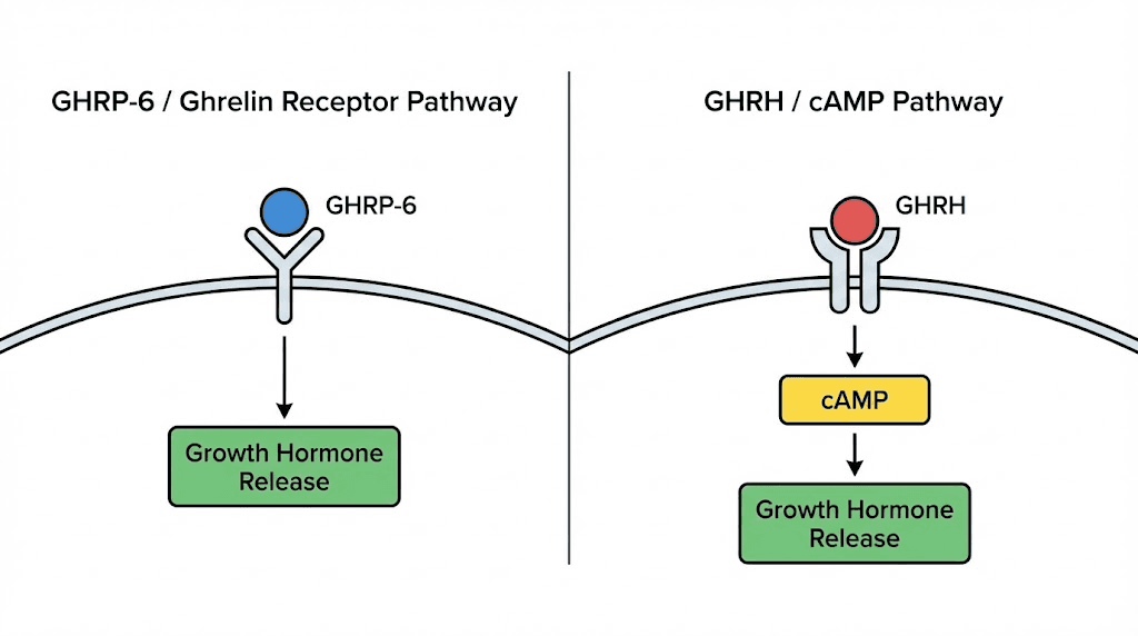 GHRP-6 mechanism of action versus GHRH signaling pathway comparison