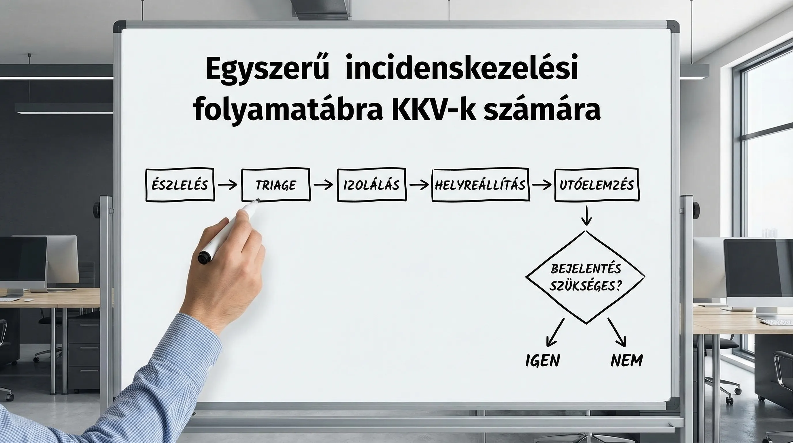 Egyszerű incidenskezelési folyamatábra KKV-k számára: észlelés, triage, izolálás, helyreállítás, utóelemzés és döntési pont a bejelentésről.
