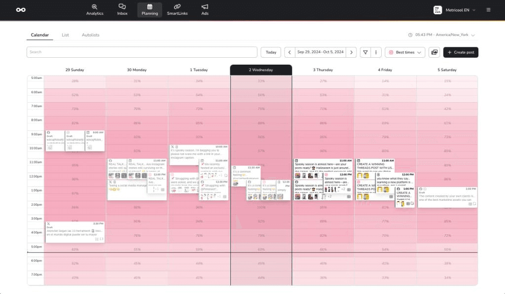 Metricool social media calendar