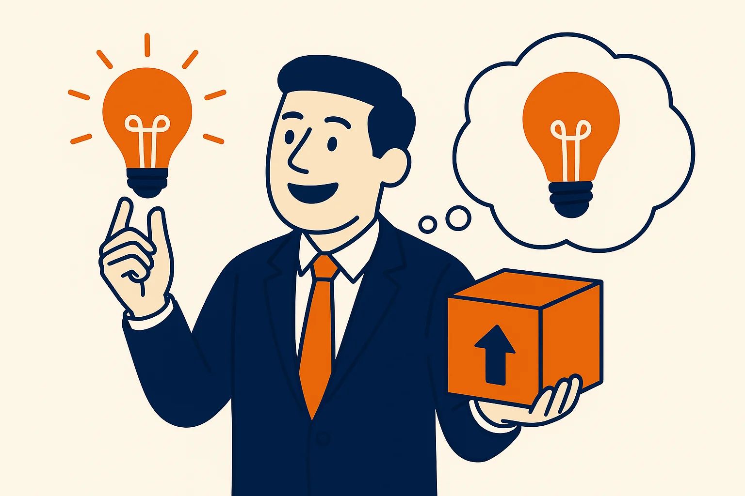 businessman-holding-orange-box-with-up-arrow-and-pointing-at-lightbulb-with-thought-bubble-lightbulb
