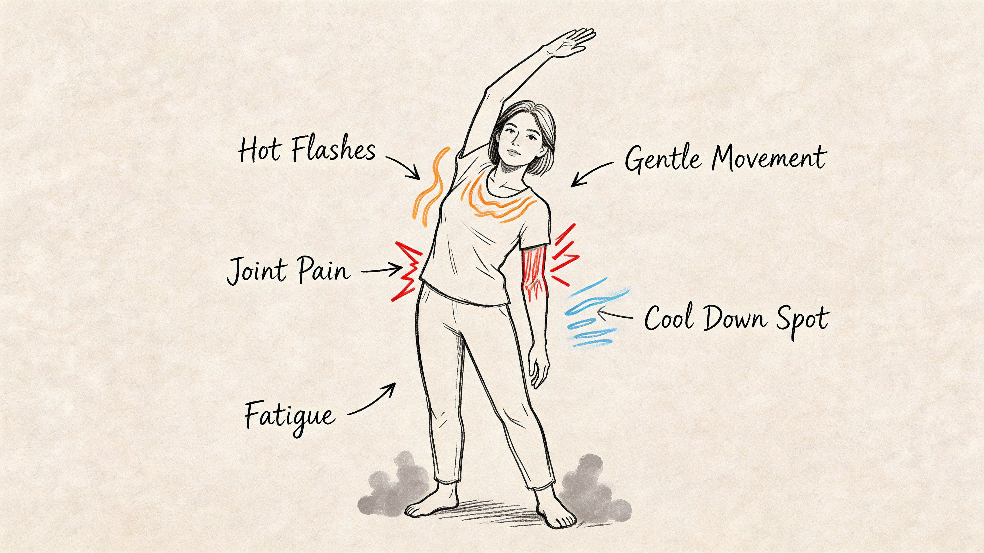 A line art illustration of a person stretching, highlighting menopause symptoms like hot flashes and joint pain.