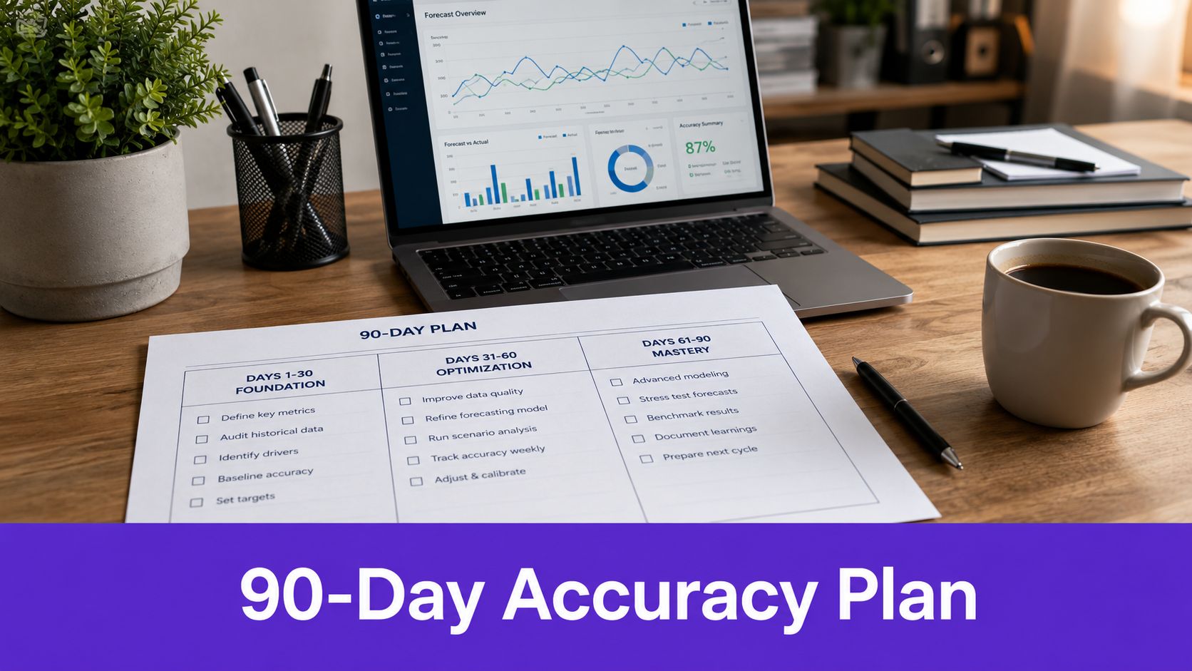 A 90-day plan checklist on a desk next to a laptop displaying financial forecasting data charts.