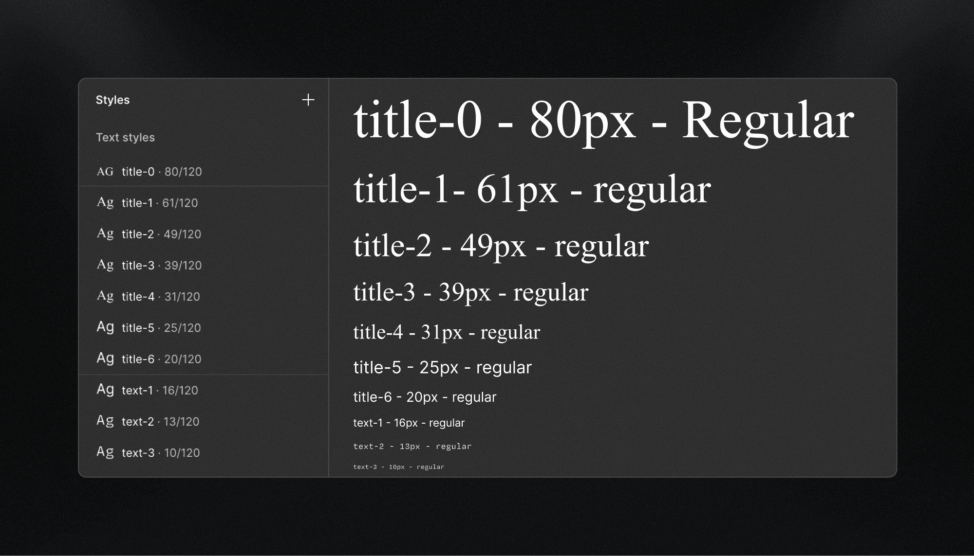 Typography scale preview listing title and text styles with font sizes and weights.