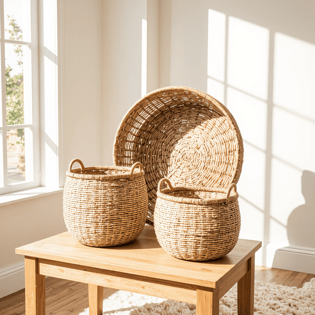 product photography of a set of woven baskets for storage