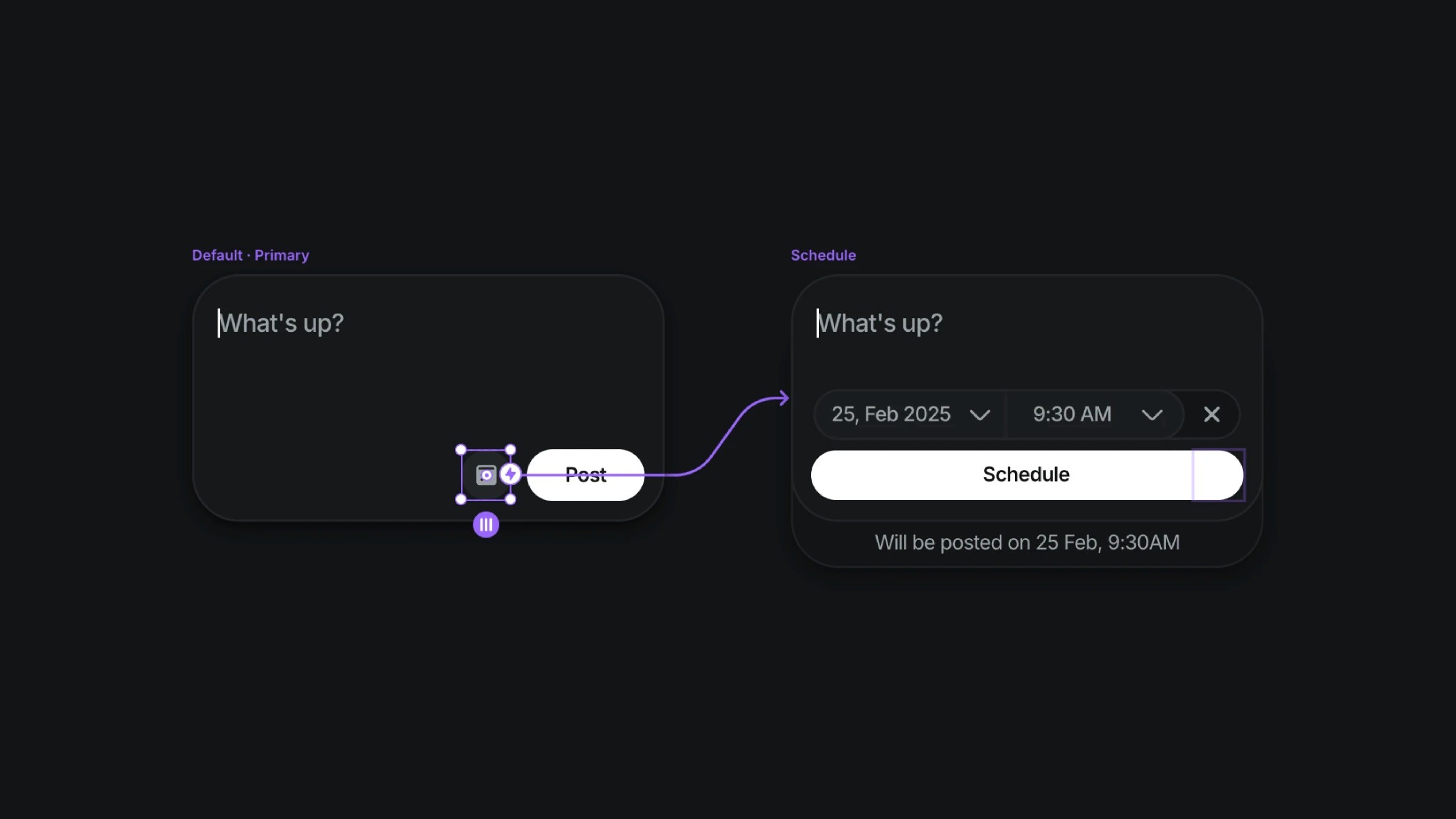 User interface showing a transition from a default state with a 'Post' button to a scheduling state featuring a 'Schedule' button with date and time options for 25 February 2025 at 9:30 AM