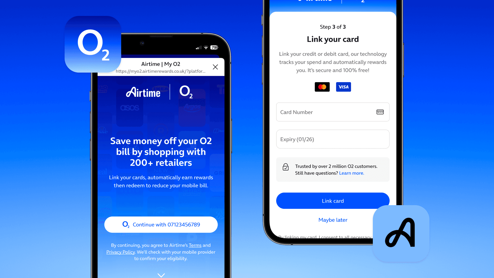 Airtime x O2 onboarding screens showing an O2-branded landing page and a link-card form side by side.