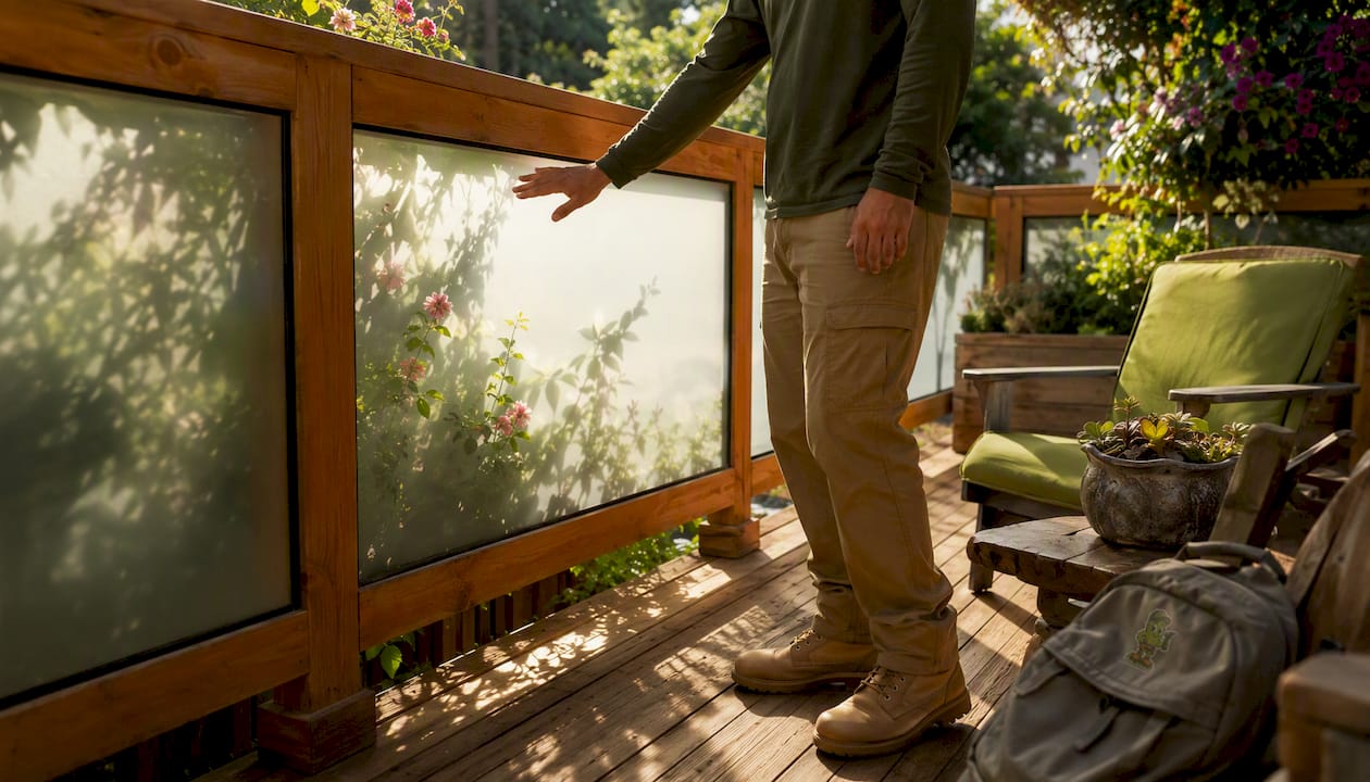 Close-up of hand on frosted glass deck railing