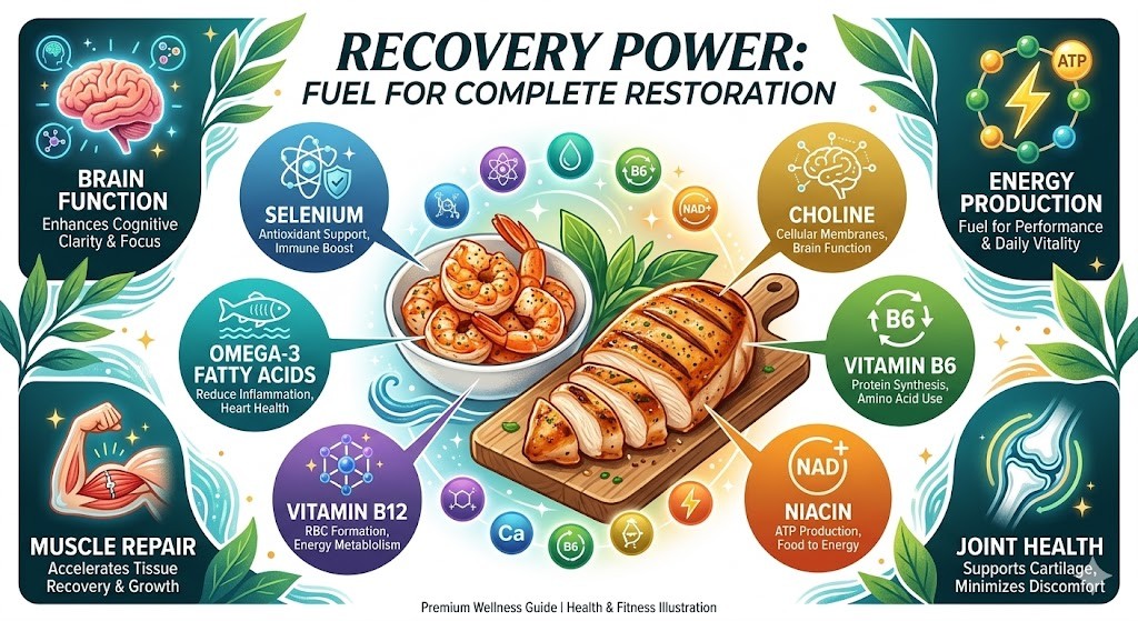 An educational infographic illustrating the health and recovery benefits of shrimp and chicken, showing a central plate of both. The design features callouts for 'Recovery Power' and 'Fuel for Complete Restoration.' Key sections highlight 'Brain Function' for cognitive clarity, 'Muscle Repair' for tissue growth, 'Energy Production' for performance, and 'Joint Health' for cartilage support. Specific nutrients like Omega-3, Vitamin B12, Selenium, Niacin, and Choline are listed with their athletic and systemic functions.