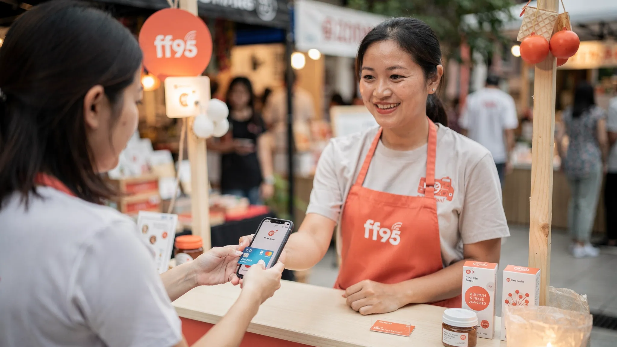 A Singapore small business owner accepting a contactless card payment on a smartphone at a pop-up stall, with no separate card reader on the counter.