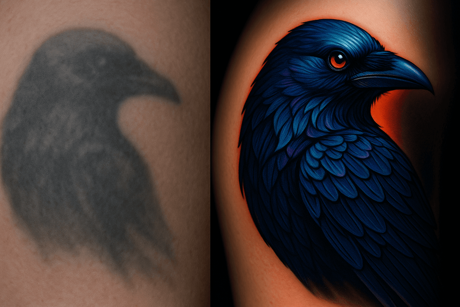 A comparison showing a faded old tattoo transformed into a vibrant blue and purple raven cover-up tattoo by Sacred Skin artists.