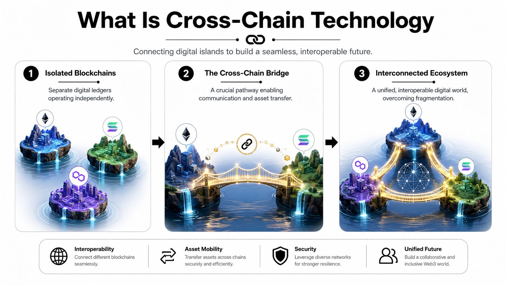 A diagram illustrating cross-chain technology, showing the evolution from isolated blockchains to a unified, interconnected ecosystem.