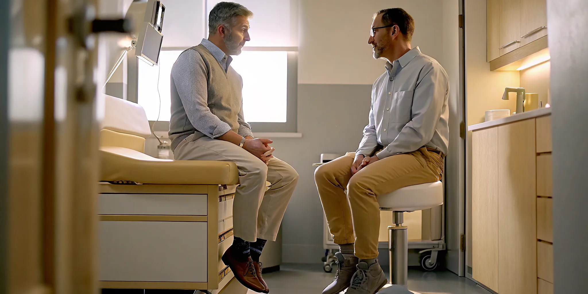 Foot and ankle surgeon discussing treatment options with a patient in a modern exam room