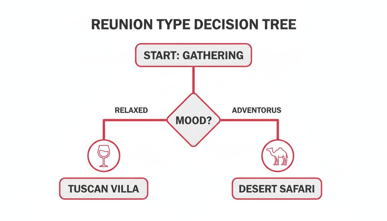 A 'Reunion Type Decision Tree' flowchart showing options for relaxed (Tuscan Villa) or adventurous (Desert Safari) moods.