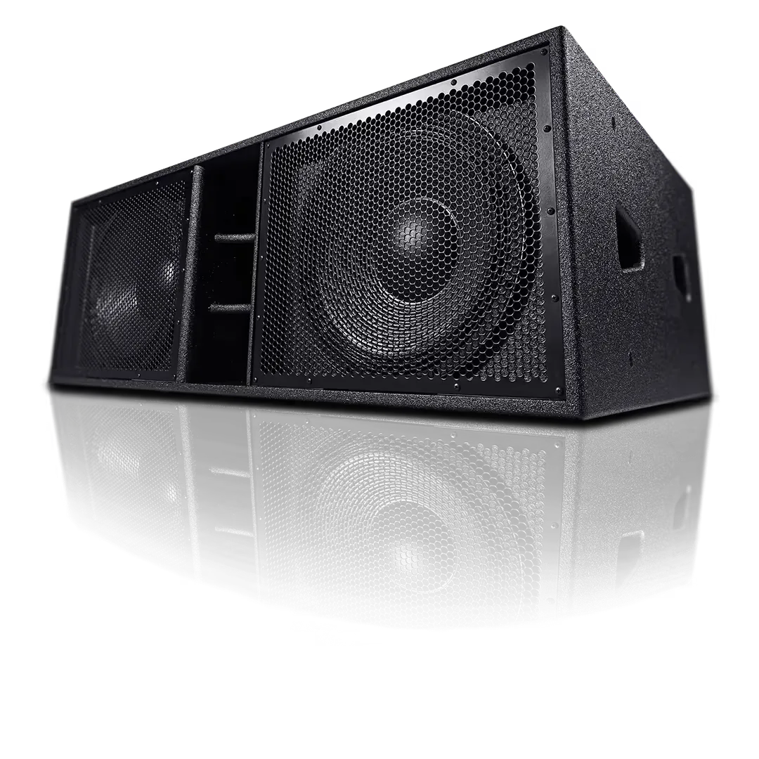 Stacked black subwoofers with honeycomb grilles.