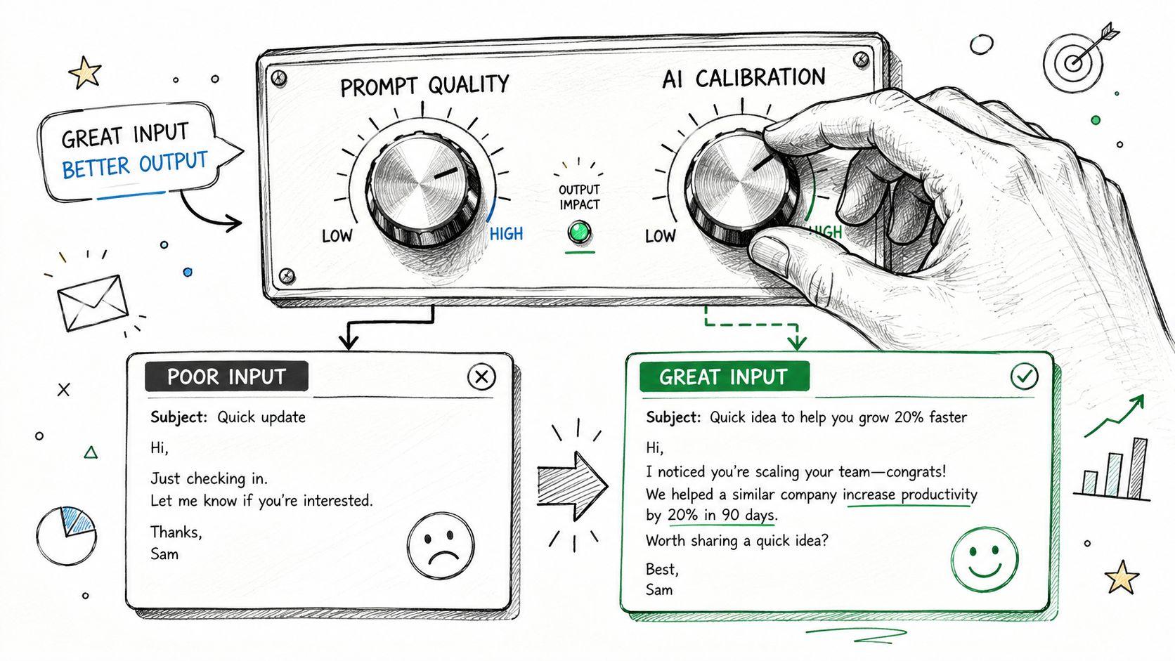 A hand adjusts knobs labeled prompt quality and AI calibration to improve email input for better sales output.