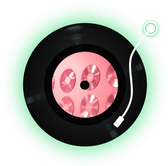 A stylized vinyl record with a glowing green border and a pink center, representing a diverse and curated music playlist generated by Sunora AI.