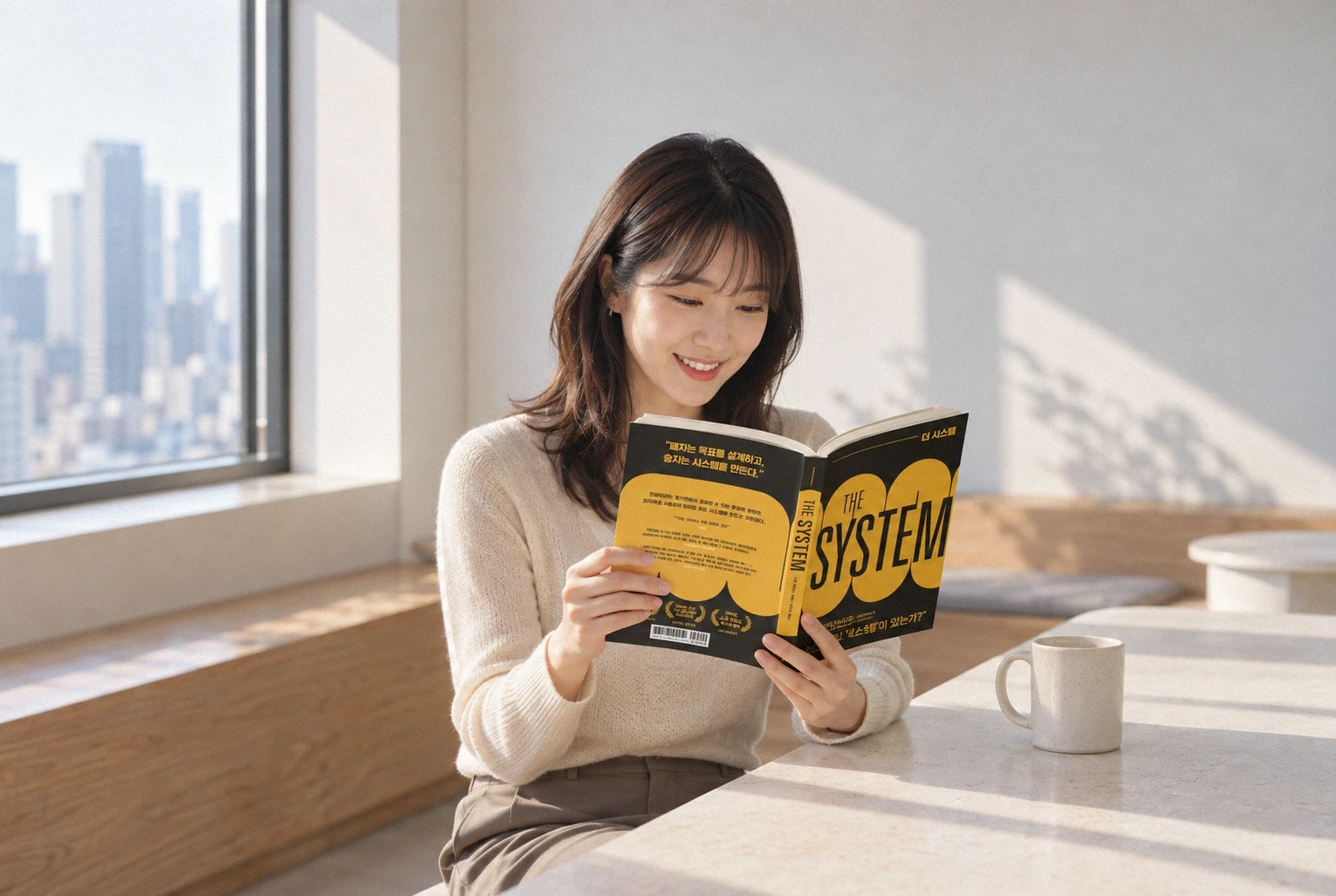 회사 라운지에서 여성이 책상에 앉아 책을 읽는 모습