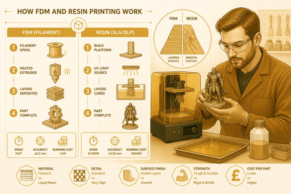 Professional 3D printing technician examining a finished resin part under bright workshop lighting, with a resin printer's build tank visible in the background showing liquid photopolymer and a partially completed miniature model
