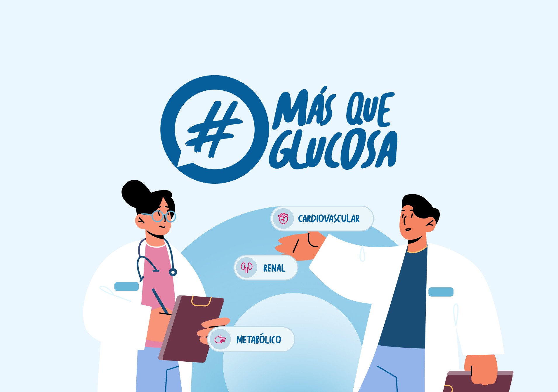 Ilustración de profesionales de la salud conversando sobre salud cardiometabólica bajo el lema "Más Que Glucosa".