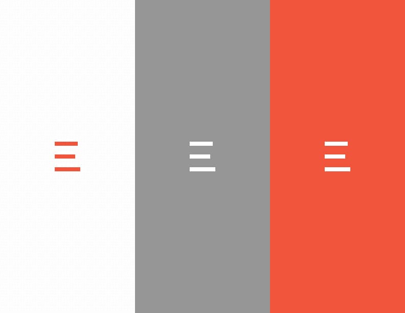 Letter 'E' stylized in horizontal bars shown in orange, white, and white on three background colors: white, gray, and orange.