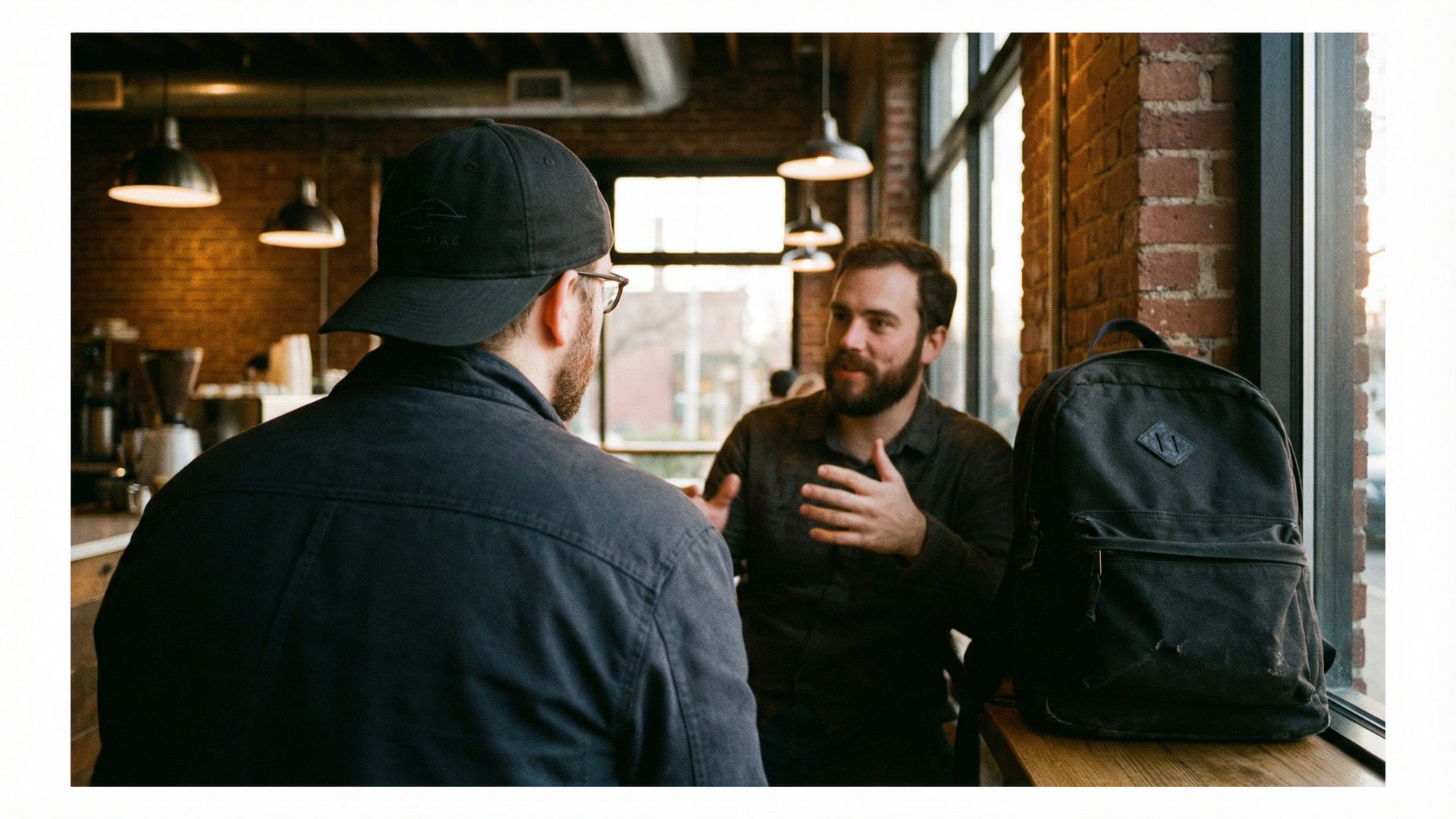 Two engineers in deep conversation at an industrial-style coffee shop with brick walls and warm pendant lighting, one wearing a subtle branded black dad hat, with a high-quality black canvas backpack resting on the bench seat beside them.