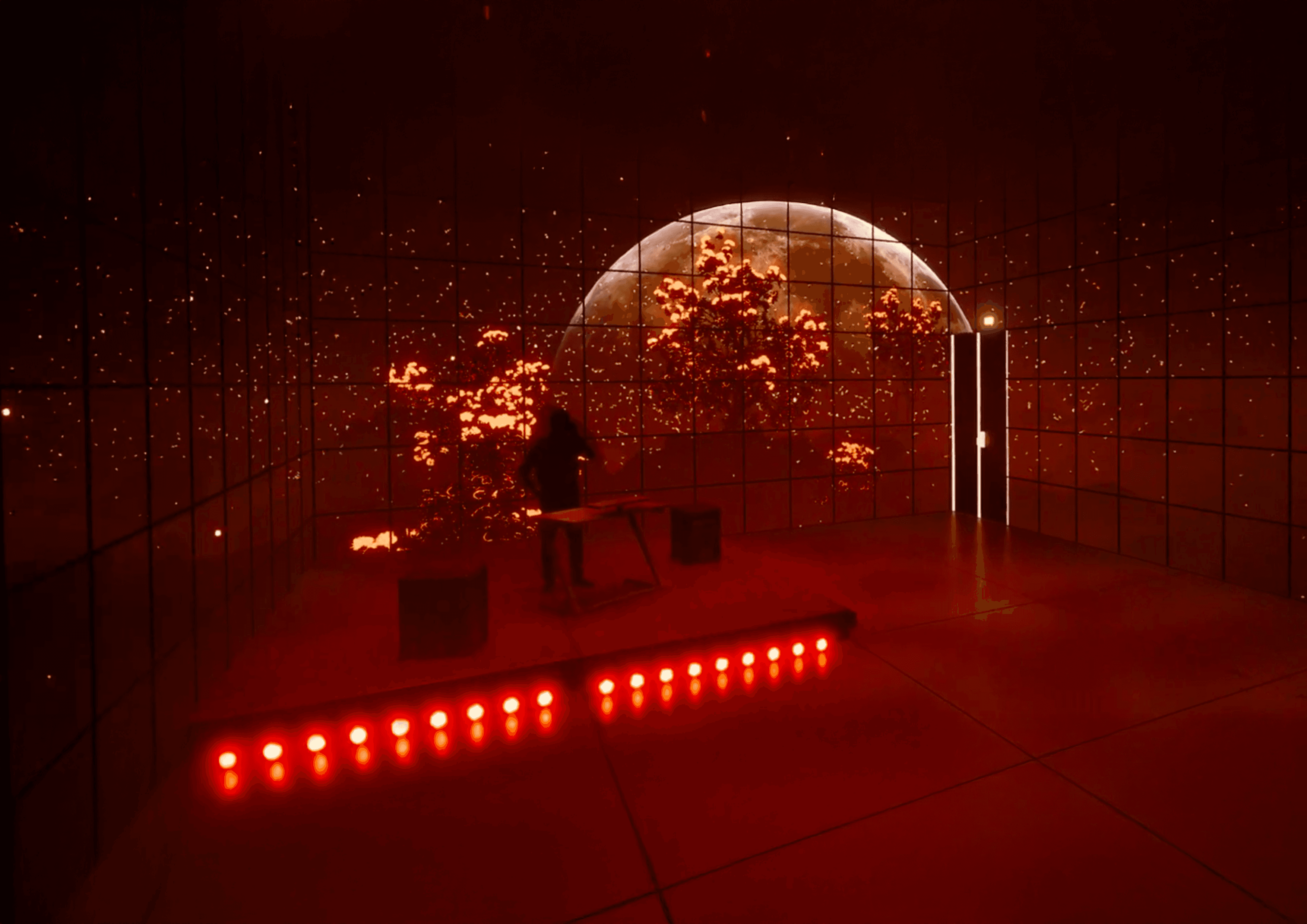 An image showing a 3D event Simulation in a custom-built digital twin of a venue.