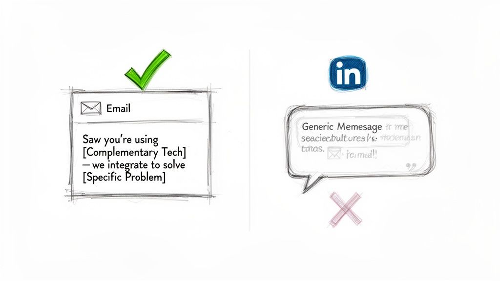 A visual comparison showing effective targeted email outreach versus ineffective generic LinkedIn messaging.