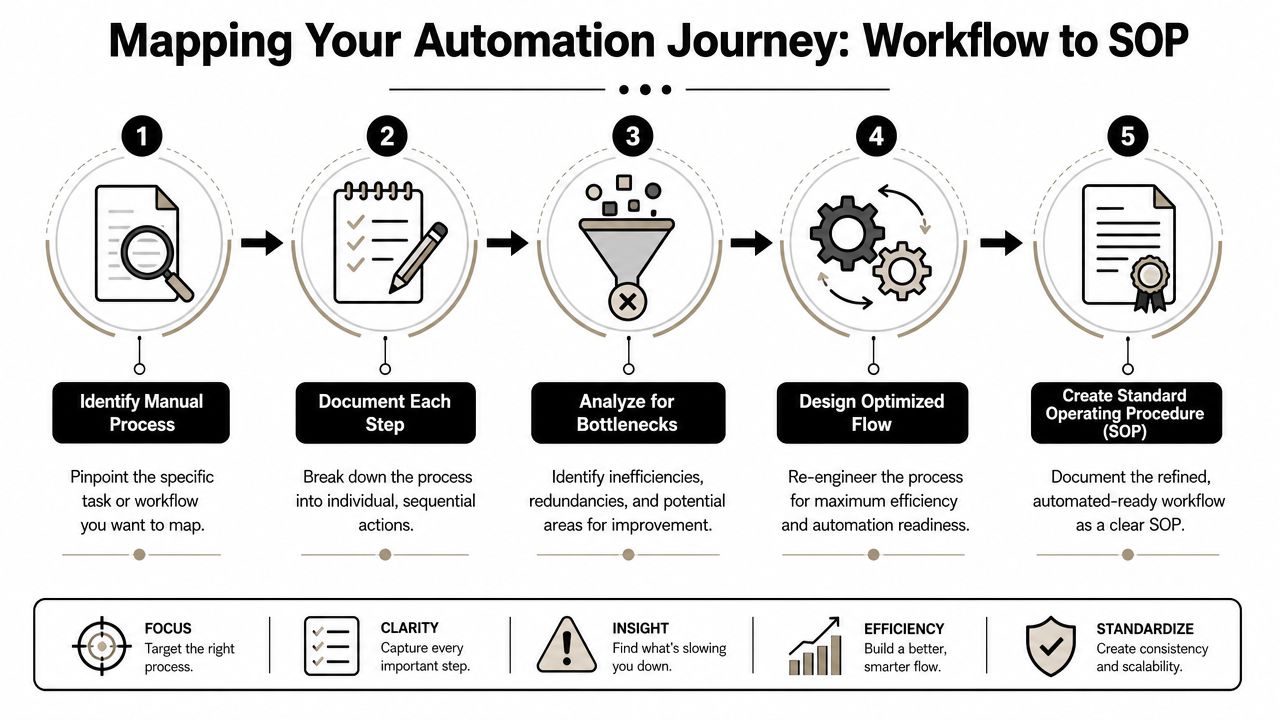 A five-step flowchart illustrating the workflow for mapping manual processes to automated standard operating procedures.