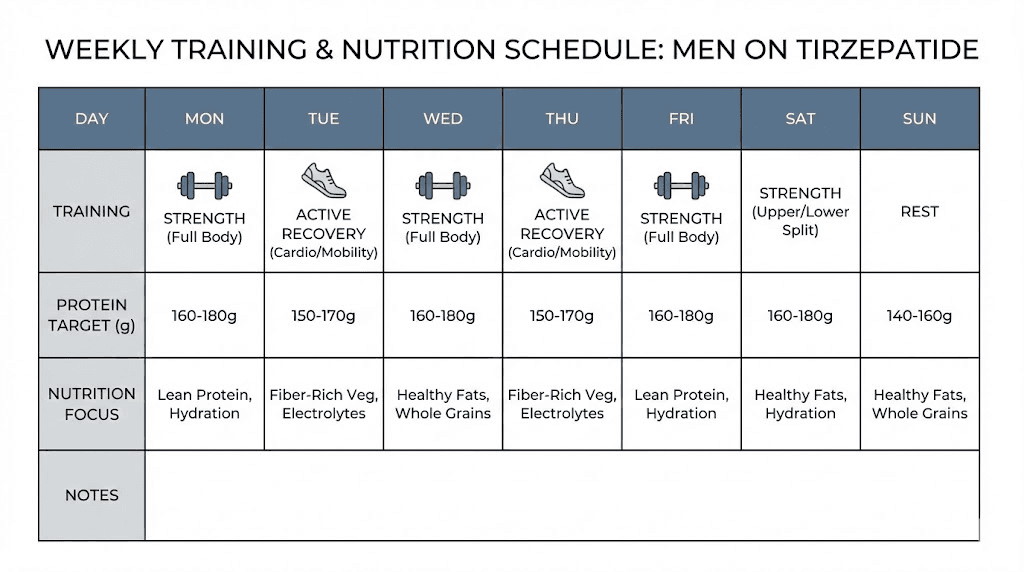 Tirzepatide muscle preservation protocol for men weekly schedule