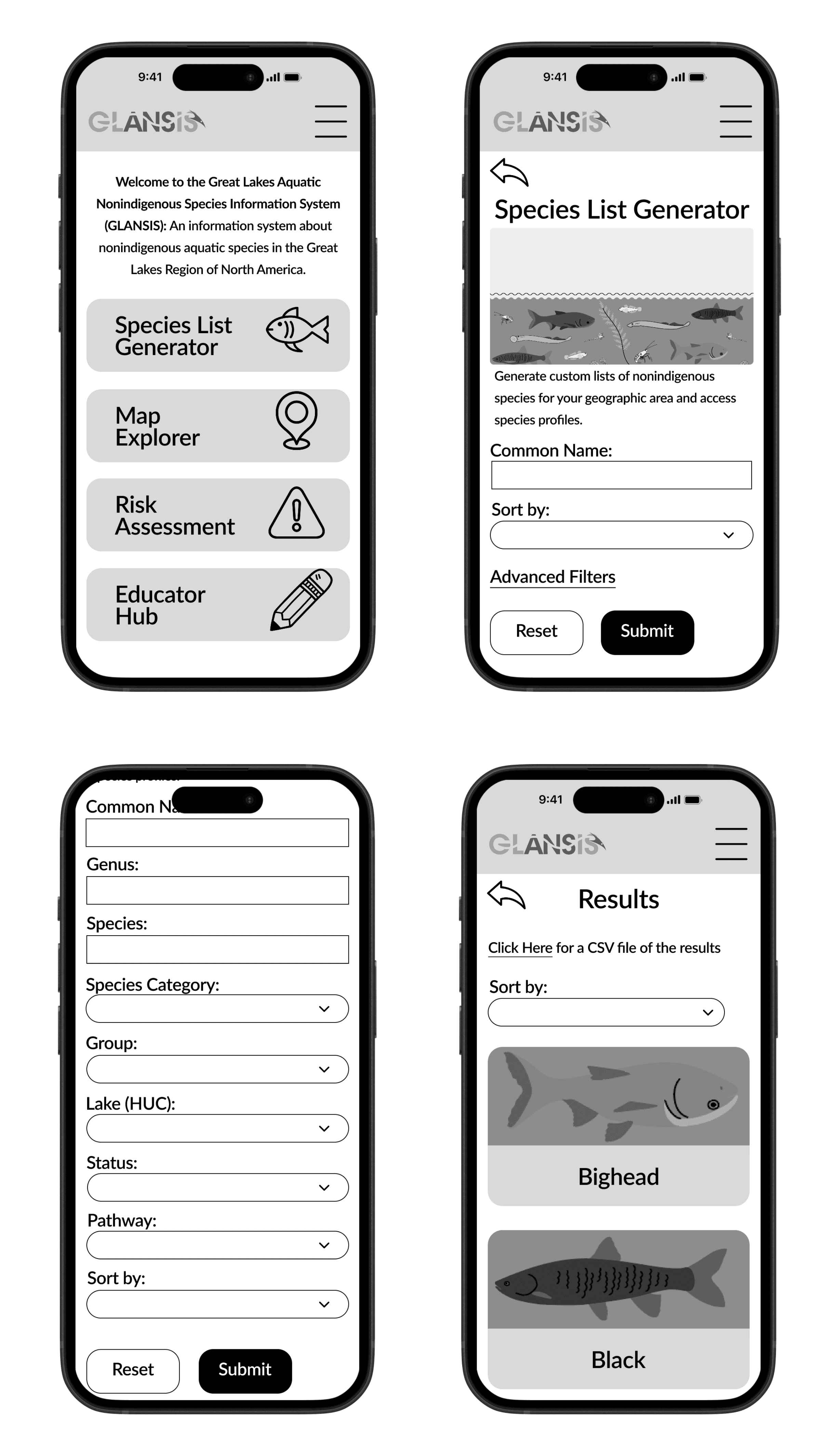 Wireframes of my initial design for the GLANSIS website redesign.