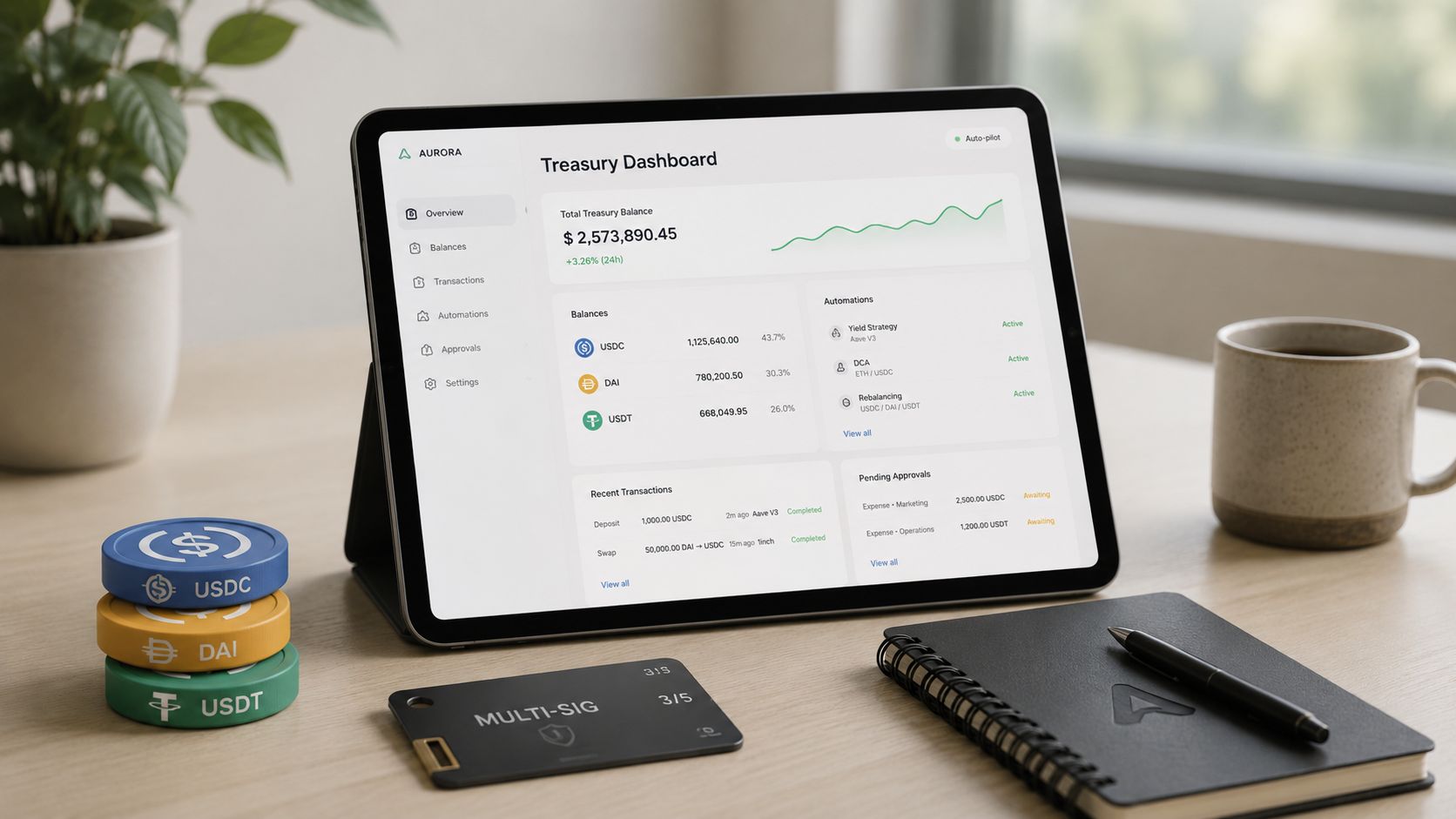 A digital treasury dashboard on a tablet screen showing financial data, automated jobs, and pending transactions.