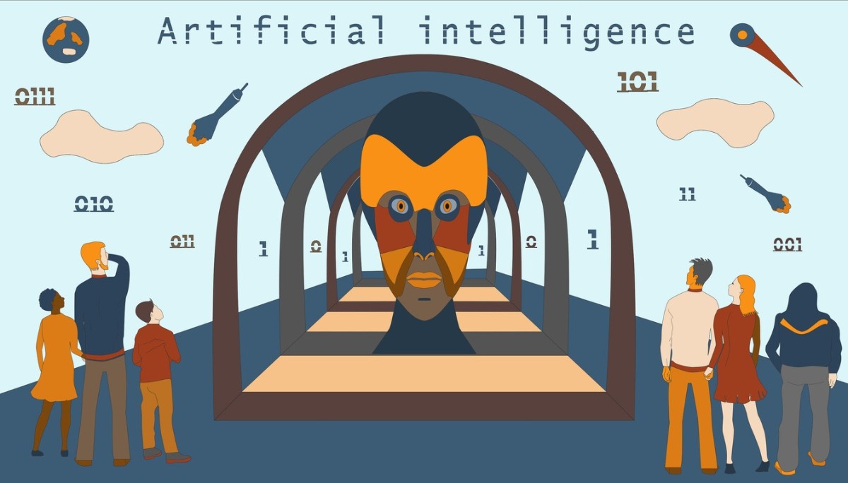 Illustration of a robotic face framed by archways, binary code, and human silhouettes.