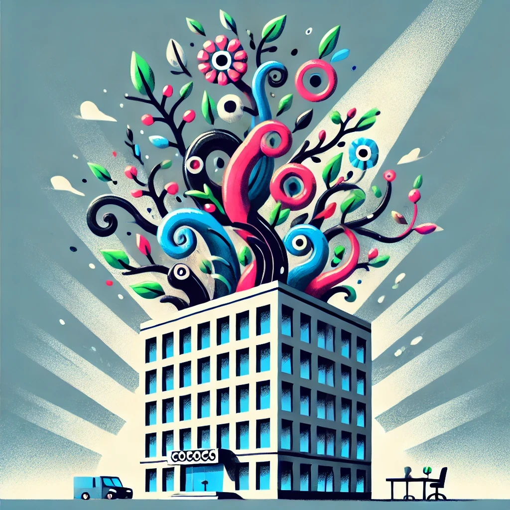 Ilustración en estilo caricatura que representa la innovación corporativa en el modelo de Venture Studio. Una mano sostiene un edificio futurista que simboliza un Venture Studio, rodeado de cohetes pequeños, símbolos de dólar y bombillas que representan nuevas ideas y emprendimientos. El fondo presenta un resplandor azul con círculos concéntricos y líneas dinámicas que transmiten movimiento e innovación. El estilo es vibrante y colorido, destacando un enfoque lúdico hacia el concepto de creación de valor en el ámbito corporativo.