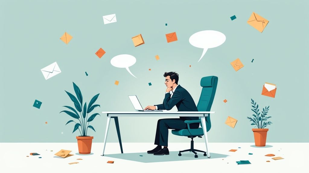 Professional man working on laptop, surrounded by flying emails and thought bubbles, representing busy communication.