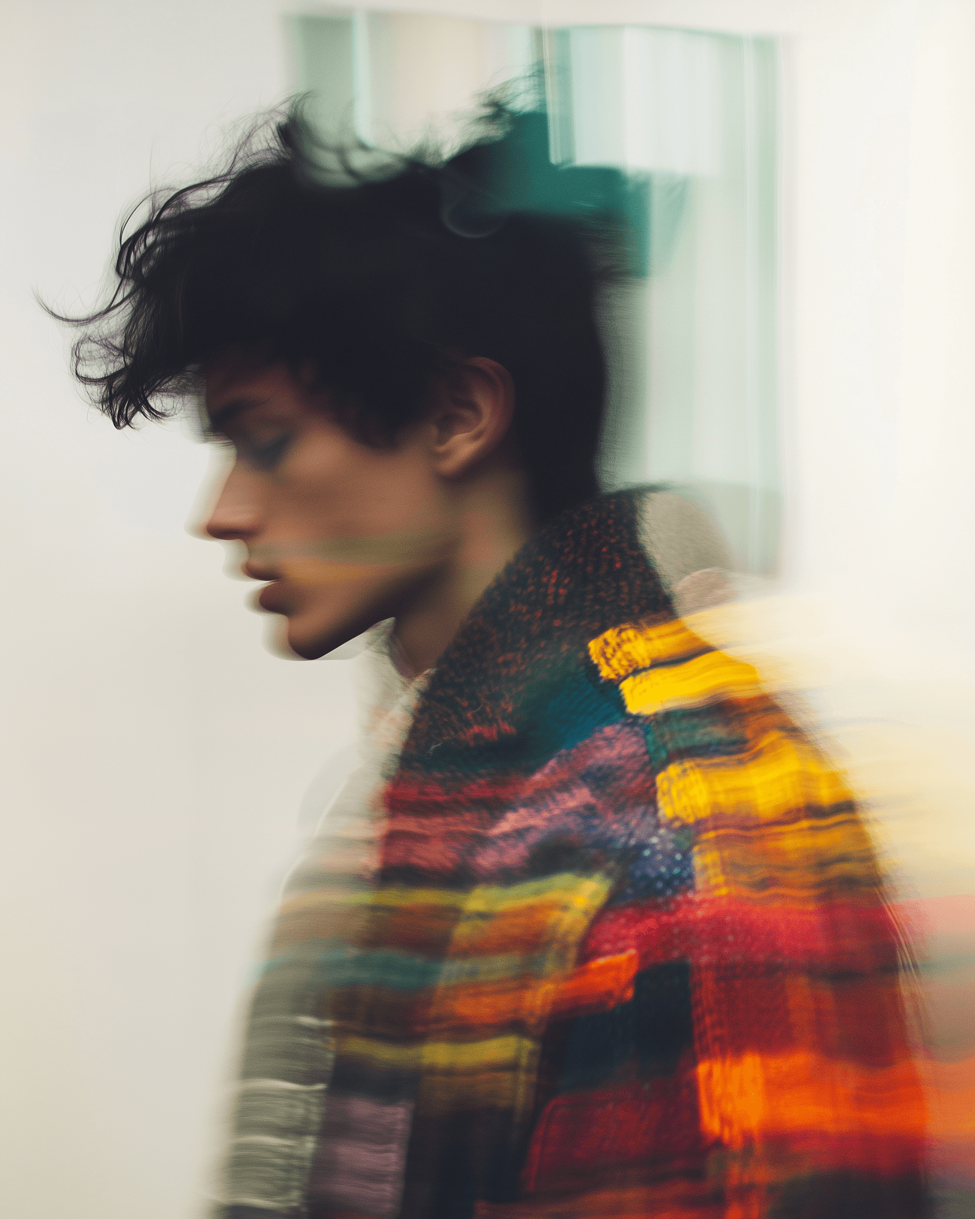 Close-up portrait of a performer with a colorful scarf, warm and intimate lighting.