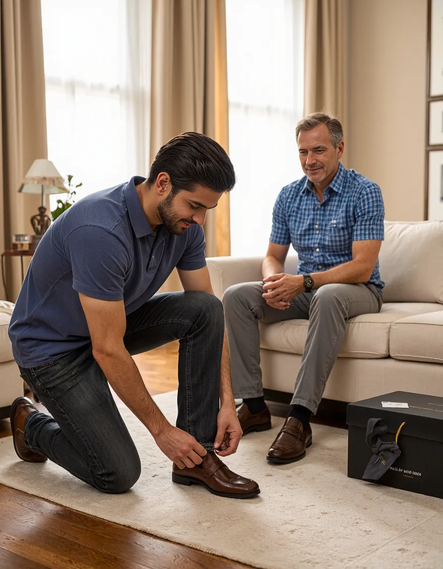 In a warm living room setting, a person tries on elegant brown leather loafers while another watches from a comfortable beige sofa.