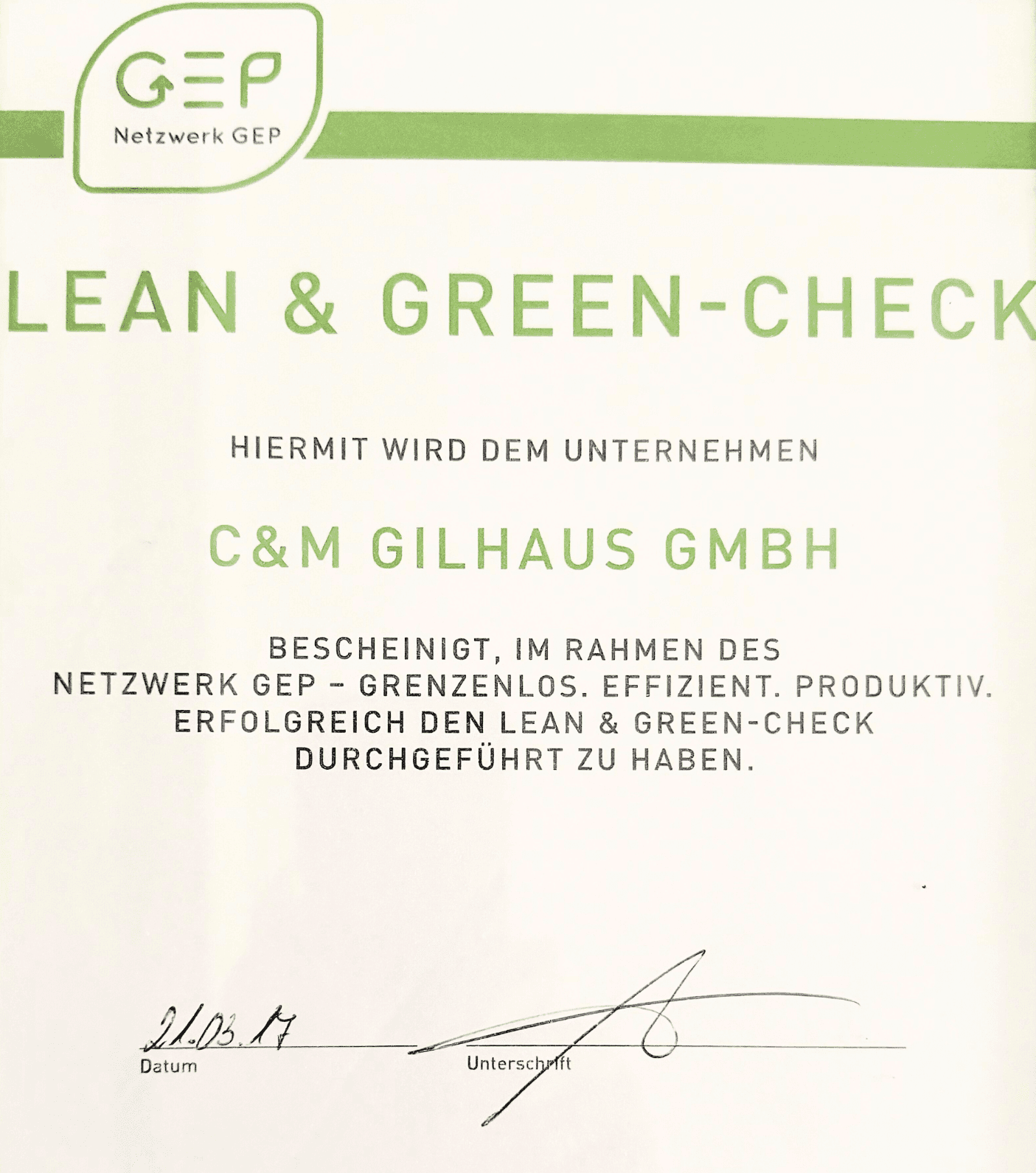 Zertifikat mit dem Titel „CLEAN & GREEN CHECK“ mit Angaben zu einer Nachhaltigkeitsbewertung.